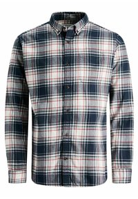 Camicia a quadri con colletto abbottonato. Presenta un motivo a quadretti blu navy, bianco e rosso. Materiale in cotone, maniche lunghe e taschino sul petto.