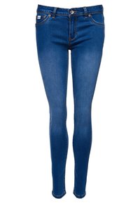 Jeans ajustados de mezclilla azul oscuro con una textura suave, que cuentan con un diseño est�ándar de cinco bolsillos, costuras visibles y un cierre frontal con botón.