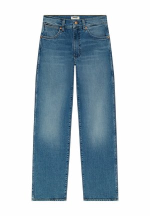 Bredbenta blå denimjeans med en urtvättad finish, fem fickor, metallknappstängning och sömnadsdetaljer. Tillverkade av slitstarkt bomullstyg.