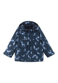 Navyblaue wasserdichte Jacke mit Tiermustern, mit Kapuze, elastischen Bündchen und einem Frontreißverschluss. Strukturierter Stoff für Komfort.