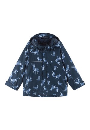 Giacca impermeabile blu navy con motivi animali, dotata di cappuccio, polsini elastici e chiusura con zip frontale. Tessuto testurizzato per il comfort.
