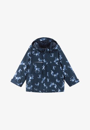 Veste imperméable bleu marine avec des motifs animaux, dotée d'une capuche, de poignets élastiques et d'une fermeture éclair à l'avant. Tissu texturé pour le confort.
