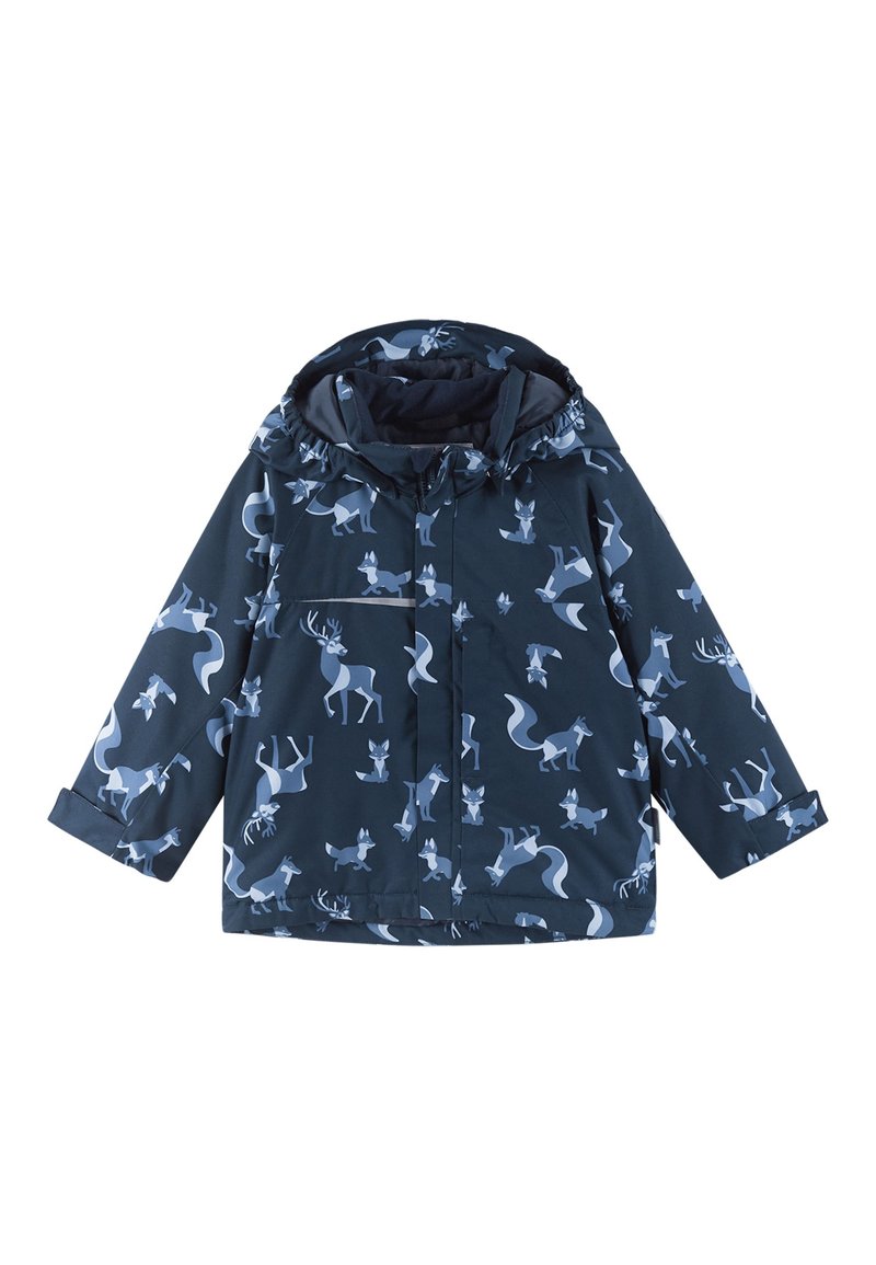 Navyblaue wasserdichte Jacke mit Tiermustern, mit Kapuze, elastischen Bündchen und einem Frontreißverschluss. Strukturierter Stoff für Komfort.