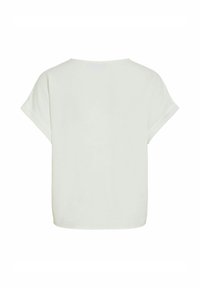 T-shirt bianco a maniche corte con vestibilità rilassata, realizzato in tessuto morbido. Presenta un collo rotondo e risvolti sulle maniche. Design semplice e minimalista.