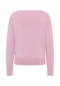 Rosa Pullover mit lockerem Schnitt, gerippten Bündchen und Saum, langen Ärmeln und glatter Strickstruktur. Rückansicht gezeigt.