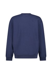 Navy sweatshirt, cotton blend, relaxed fit, crew neck, ribbed cuffs and hem, no visible logos or patterns. Plain back view.