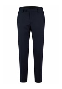 Marineblaue Hose mit taillierter Passform, flachem Bund, einem einzigen Knopfverschluss und diskreten Taschen. Glattes, strukturiertes Gewebe.