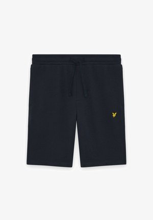 Pantalones cortos azul marino hasta la rodilla con cinturilla ajustable y pequeño logotipo de pájaro amarillo en el muslo izquierdo.
