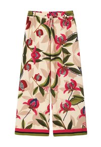 Brede crème broek met een bloemenprint in rood, roze en groen, elastische tailleband en trekkoord, met een rood en groene gestreepte zoom.