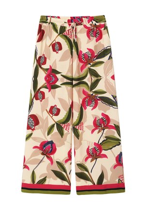 Pantaloni ampi color crema con stampa floreale rossa, rosa e verde, vita elasticizzata e lacci, con un orlo a righe rosse e verdi.
