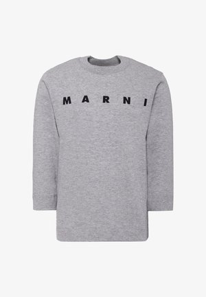 Sweatshirt gris à manches longues, col rond, avec le mot "MARNI" en lettres noires audacieuses sur le devant, fabriqué en coton doux.