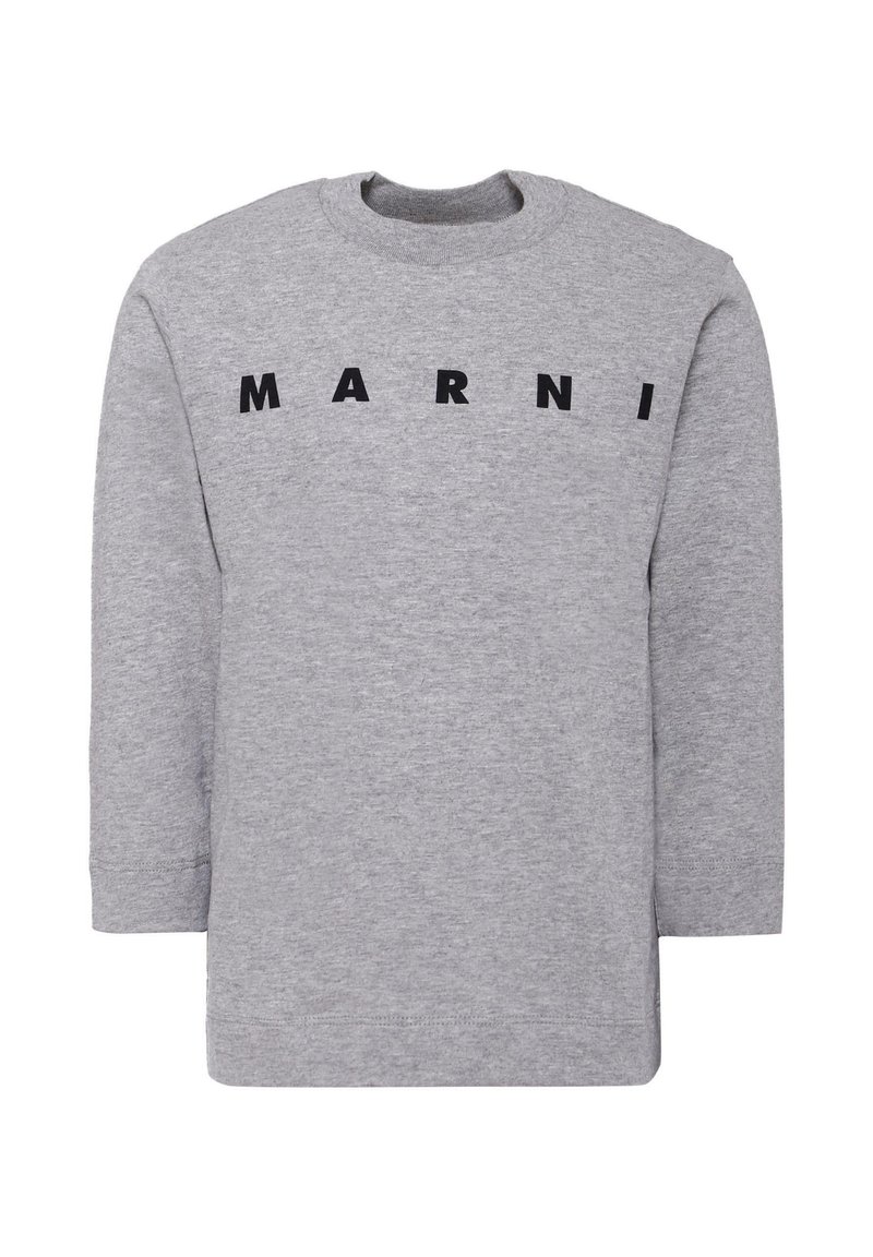 Felpa grigia con maniche lunghe, colletto rotondo, presenta una scritta in caratteri neri spessi "MARNI" sul petto, realizzata in morbido tessuto di cotone.