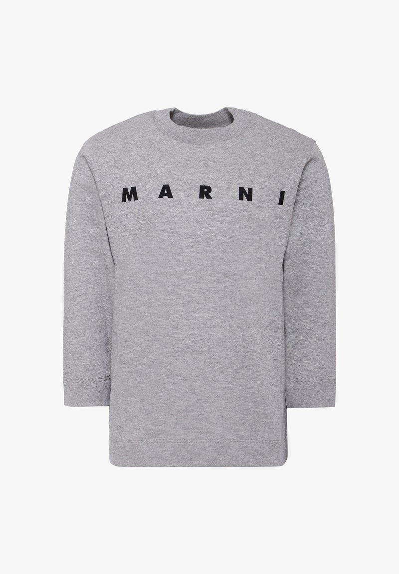 Grijze sweatshirt met lange mouwen, ronde hals, voorzien van vetgedrukte zwarte "MARNI" letters over de borst, gemaakt van zachte katoenen stof.
