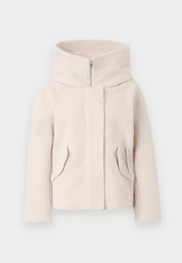 Lys beige, teksturert fleecejakke med høy krage, frontglidelås og to sidelommer. Den har en avslappet passform og myk fabric.
