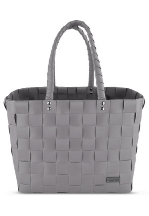 Graue gewobene Tragetasche aus strapazierfähigem Material, mit zwei Griffen, rechteckiger Form und metallischen Akzenten. Kompaktes und funktionales Design.