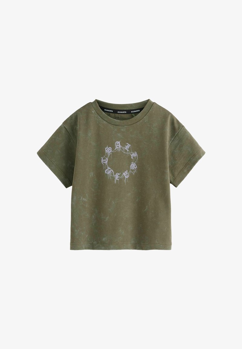 Olivově zelené bavlněné tričko s volným střihem. Obsahuje kruhový grafický design ve světle modré barvě. Krátké rukávy a kulatý výstřih.