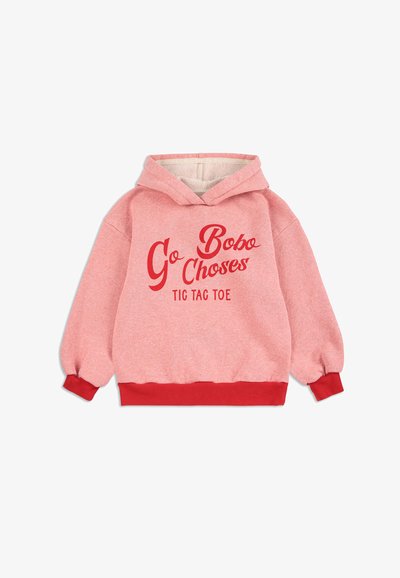 Sudadera rosa para niños con puños y dobladillo rojos, que presenta el texto rojo "Go Bobo Choses TIC TAC TOE" en el frente.