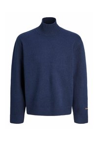 Suéter de cuello alto azul marino hecho de una tela suave, con puños y dobladillo acanalados, y un sutil detalle del logo en la manga.