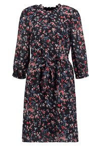 Robe florale en tissu noir transparent, avec des motifs de fleurs rouges, bleues et grises, des manches longues, un col volanté et une taille nouée.