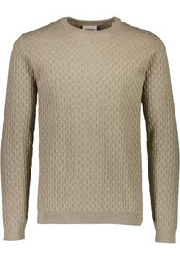 Světle béžový svetr s texturovaným vzorem, kulatým výstřihem a dlouhými rukávy. Žebrované manžety a lem, vyrobený z měkkého materiálu.