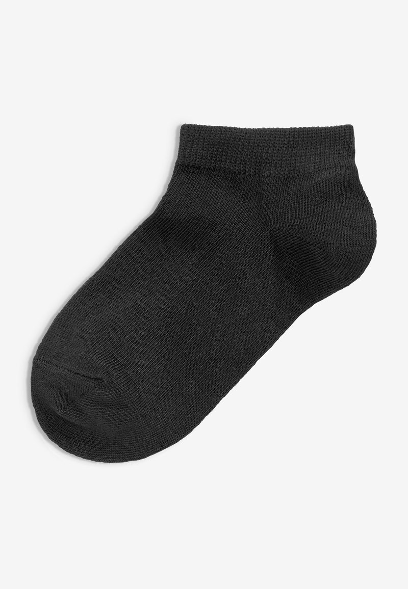 Schwarze Knöchelsocke aus weichem, gestricktem Stoff. Sie hat einen gerippten Bund, eine glatte Textur und eine abgerundete Zehe. Keine Muster oder Verzierungen.