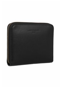 Portafoglio in pelle nera con chiusura a zip, caratterizzato da una superficie liscia, angoli arrotondati e logo del brand impresso sul fronte.