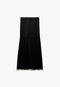 Zwart kleed met een stijlvolle satijnen top en een vloeiende, gestructuurde chiffon rok. Het ontwerp heeft een lange, elegante vorm zonder versieringen.