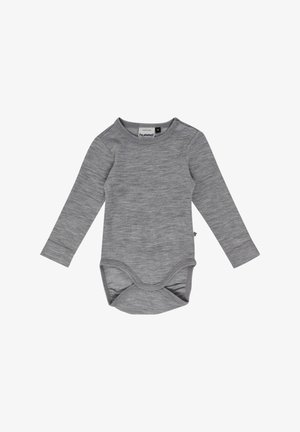Langsleeve bodysuit in heather grijs, gemaakt van zachte stof, met een ronde hals en drukknoopsluitingen onderaan voor gemakkelijk aankleden.