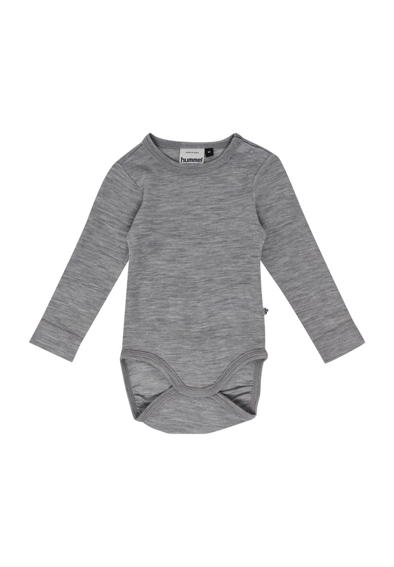 Långärmad bodysuit i melerat grått, tillverkad i mjukt tyg, med rund hals och tryckknappar i botten för enkel påklädning.