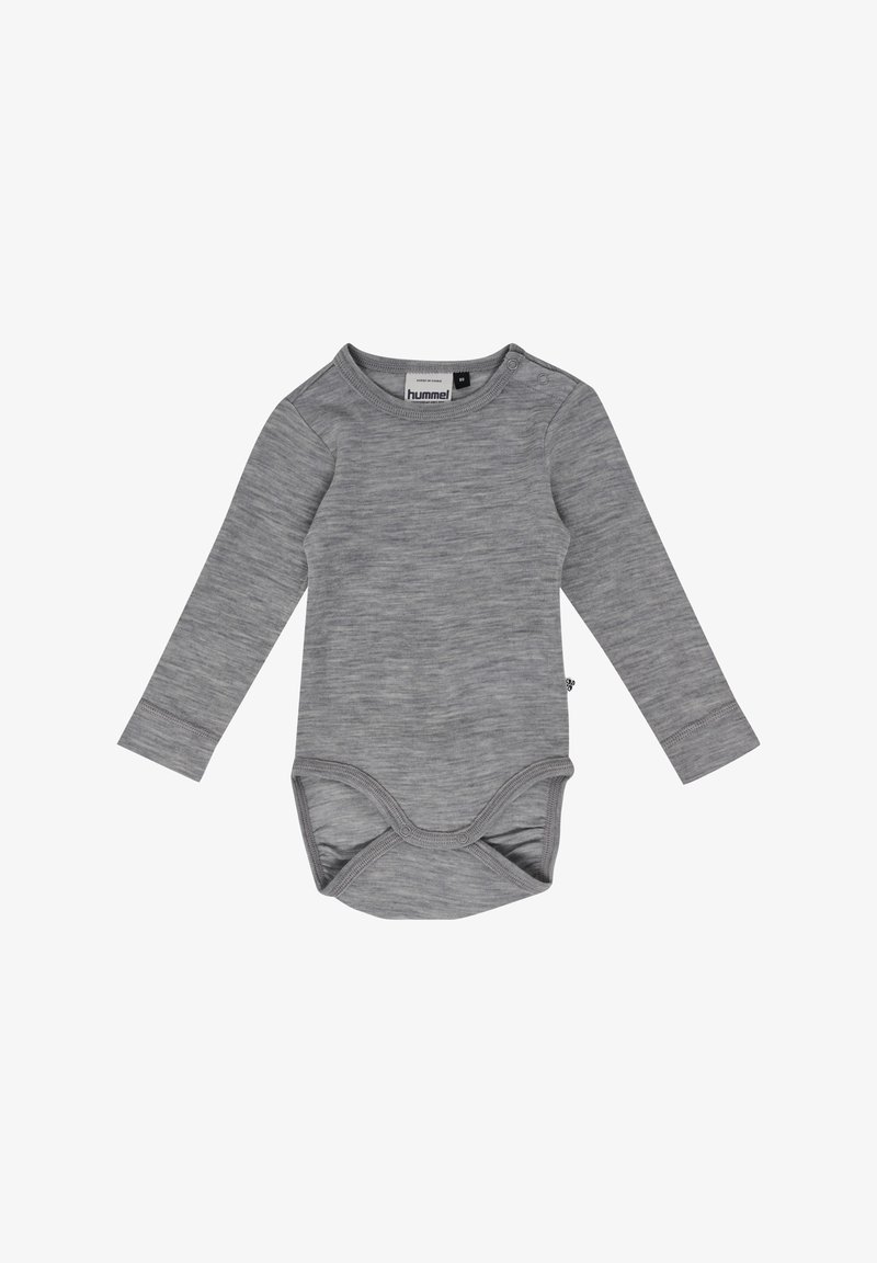 Långärmad bodysuit i melerat grått, tillverkad i mjukt tyg, med rund hals och tryckknappar i botten för enkel påklädning.