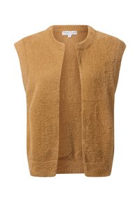 Bruine mouwloze vest gemaakt van textuurstof met een ronde halslijn, open voorkant en ribbelzoom. Eenvoudig ontwerp zonder versieringen.
