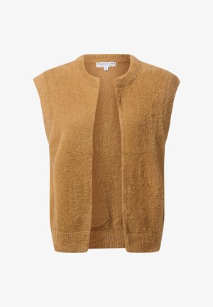Brown sleeveless vest made of textured fabric with a round neckline, open front, and ribbed hem. Simple design without embellishments.