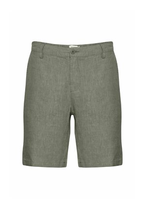 Jasnozielone lniane szorty z zapięciem na guzik, lekko zwężane nogawki i gładka tekstura, zaprojektowane do noszenia na co dzień.