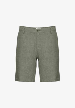 Jasnozielone lniane szorty z zapięciem na guzik, lekko zwężane nogawki i gładka tekstura, zaprojektowane do noszenia na co dzień.