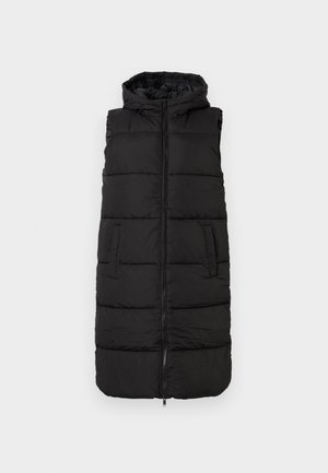 Melnā puffa veste ar kapuci, iekļaujot priekšējo rāvējslēdzēju, sānu kabatas un quilted tekstūru. Viegls dizains ar gludu apdari.