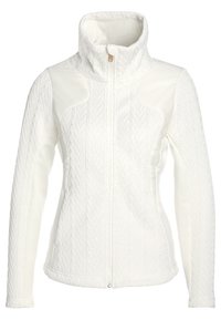 Giacca bianca con zip, caratterizzata da un design in maglia a cavo testurizzata, colletto alto e pannelli lisci sulle spalle e sui fianchi.