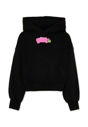 Hoodie noir court avec poche avant, texte rose stylisé et un petit visage souriant jaune près de la poitrine.