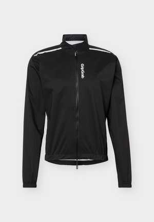 Schwarze, langärmlige, mit Reißverschluss versehene Radjacke mit weißem GripGrab-Logo auf der Brust und reflektierenden Streifen entlang der Schultern.