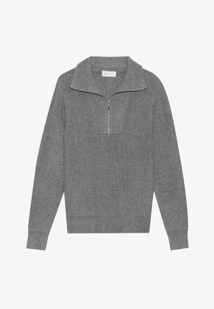 Szary sweter ze żłobionym splotem, z kołnierzem na ćwierć zamka, długimi rękawami i teksturowanym materiałem. Brak widocznych logo lub wzorów.