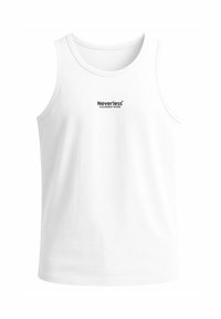 White tank top made of cotton, featuring a round neck and printed logo "Neverless COLORADO RIVER" in black on the front center.