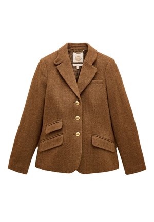 Blazer en laine marron à chevrons avec col à revers, trois boutons dorés, deux poches à rabat et une poche poitrine.