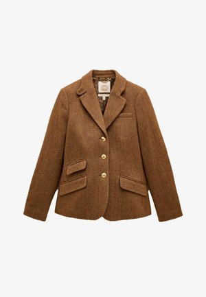 Brun uld blazer med sildebensmønster, reverskrave, tre guldknapper, to klaplommer og en brystlomme.