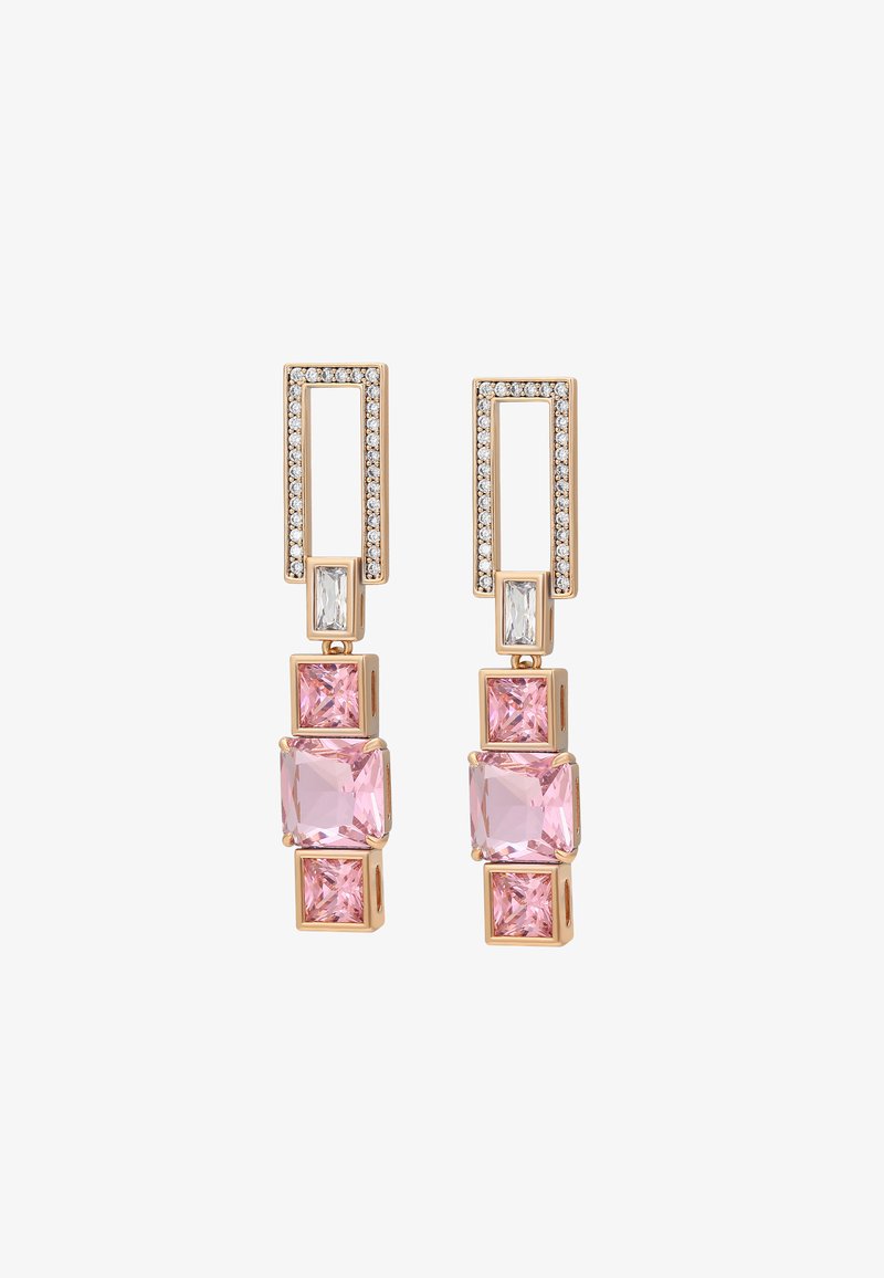 Orecchini a forma di gemma rosa con una cornice in metallo color oro, caratterizzati da forme rettangolari e quadrate, impreziositi da piccole cristalli trasparenti.