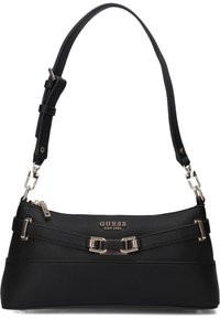 Black faux leather handbag with a structured shape, silver hardware, adjustable strap, and detailed band across the front. "GUESS" logo visible.