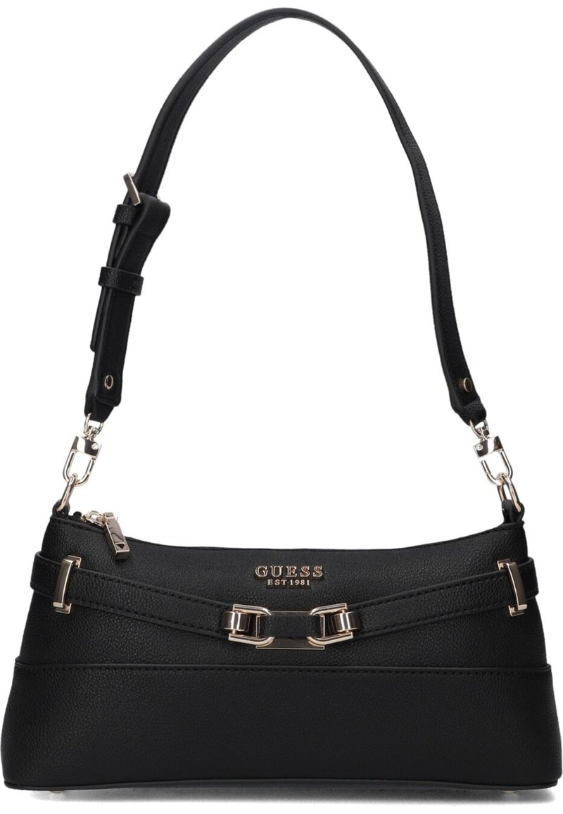 Black faux leather handbag with a structured shape, silver hardware, adjustable strap, and detailed band across the front. "GUESS" logo visible.