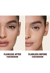 Two close-up portraits show skin appearance before and after application of a product. The left side has smooth, even tone; the right side shows blemishes.