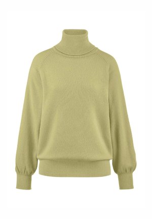Hellgrüner, strukturierter Strickpullover mit hohem Kragen, Raglanärmel und gerippten Bündchen sowie Saum. Weiches Material mit lockerer Passform.