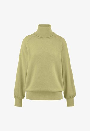 Hellgrüner, strukturierter Strickpullover mit hohem Kragen, Raglanärmel und gerippten Bündchen sowie Saum. Weiches Material mit lockerer Passform.