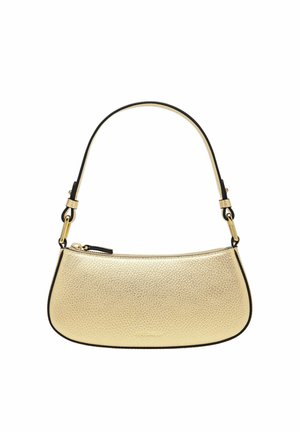 Borsa a tracolla con texture dorata, rifiniture in pelle nera e tracolla regolabile, dotata di chiusura con zip e design minimalista.