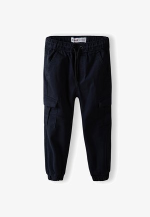 Pantalon cargo noir avec taille élastique, cordon de serrage, poches latérales à rabat et poignets élastiques, adapté pour une tenue décontractée.